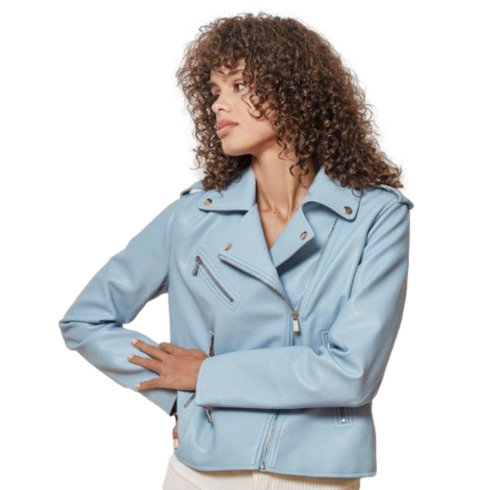 LULU'S cropped biker jacket Out for the Night Blue Vegan Leather Moto Jacket NWT - Picture 2 of 8